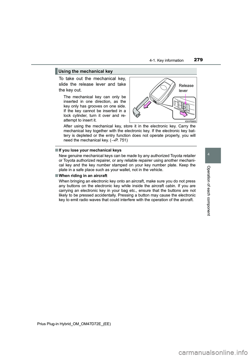 TOYOTA PRIUS PLUG-IN HYBRID 2021  Owners Manual 2794-1. Key information 
Prius Plug-in Hybrid_OM_OM47D72E_(EE)
4
Operation of each component
To take out the mechanical key, 
slide the release lever and take 
the key out. 
The mechanical key can onl