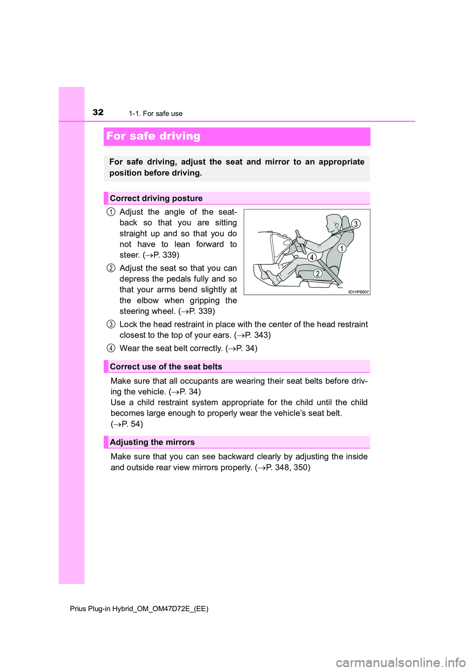 TOYOTA PRIUS PLUG-IN HYBRID 2021  Owners Manual 321-1. For safe use
Prius Plug-in Hybrid_OM_OM47D72E_(EE)
For safe driving
Adjust the angle of the seat- 
back so that you are sitting 
straight up and so that you do 
not have to lean forward to 
ste