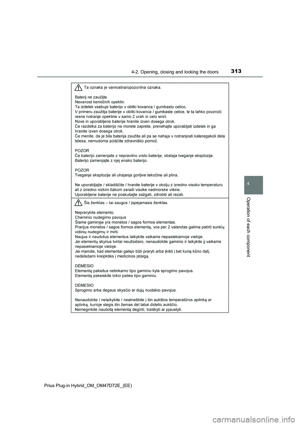 TOYOTA PRIUS PLUG-IN HYBRID 2021  Owners Manual 3134-2. Opening, closing and locking the doors
Prius Plug-in Hybrid_OM_OM47D72E_(EE)
4
Operation of each component 
