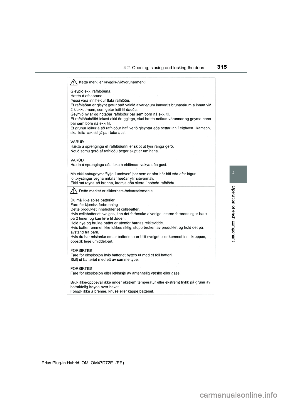 TOYOTA PRIUS PLUG-IN HYBRID 2021  Owners Manual 3154-2. Opening, closing and locking the doors
Prius Plug-in Hybrid_OM_OM47D72E_(EE)
4
Operation of each component 