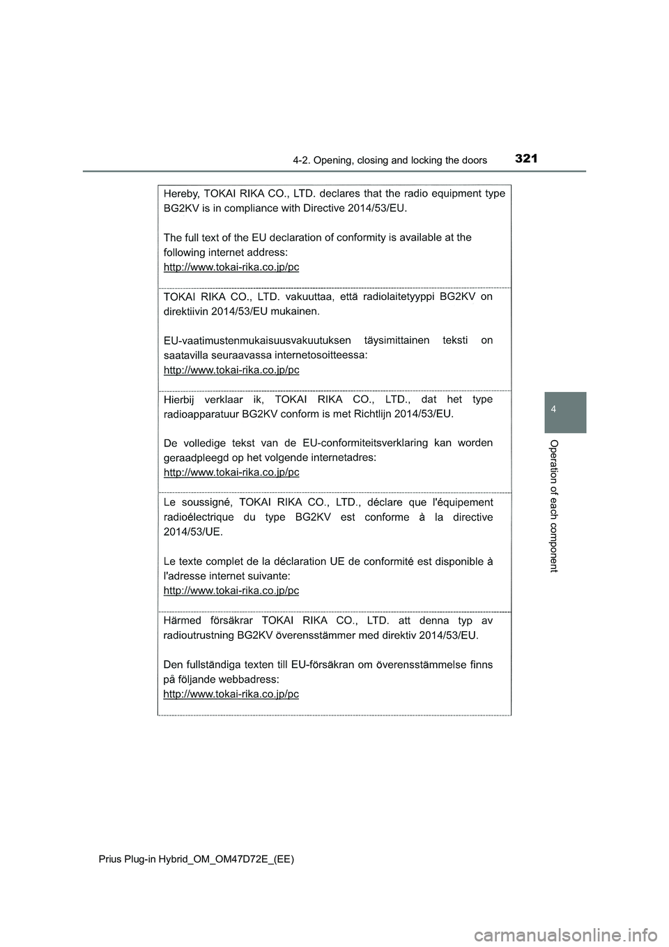 TOYOTA PRIUS PLUG-IN HYBRID 2021  Owners Manual 3214-2. Opening, closing and locking the doors
Prius Plug-in Hybrid_OM_OM47D72E_(EE)
4
Operation of each component 