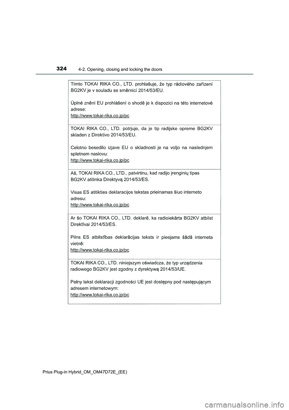 TOYOTA PRIUS PLUG-IN HYBRID 2021  Owners Manual 3244-2. Opening, closing and locking the doors
Prius Plug-in Hybrid_OM_OM47D72E_(EE) 