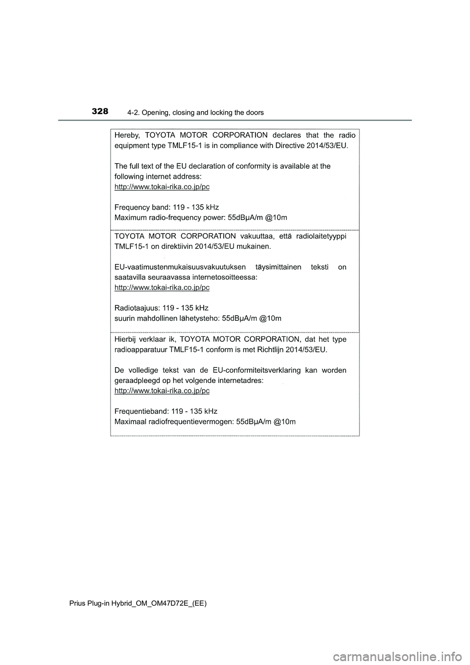 TOYOTA PRIUS PLUG-IN HYBRID 2021  Owners Manual 3284-2. Opening, closing and locking the doors
Prius Plug-in Hybrid_OM_OM47D72E_(EE) 