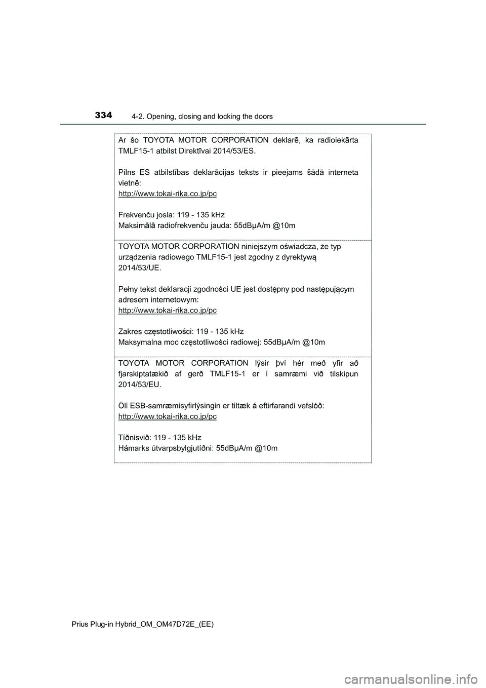 TOYOTA PRIUS PLUG-IN HYBRID 2021  Owners Manual 3344-2. Opening, closing and locking the doors
Prius Plug-in Hybrid_OM_OM47D72E_(EE) 