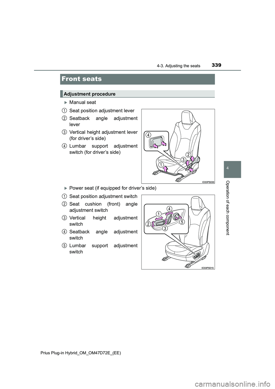 TOYOTA PRIUS PLUG-IN HYBRID 2021  Owners Manual 3394-3. Adjusting the seats 
Prius Plug-in Hybrid_OM_OM47D72E_(EE)
4
Operation of each component
Front seats
Manual seat 
Seat position adjustment lever 
Seatback angle adjustment 
lever 
Vertical 