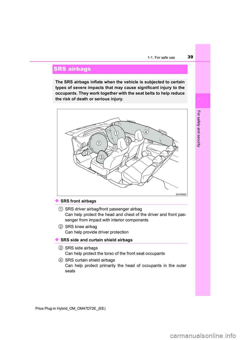 TOYOTA PRIUS PLUG-IN HYBRID 2021  Owners Manual 391-1. For safe use
1
For safety and security
Prius Plug-in Hybrid_OM_OM47D72E_(EE)
SRS airbags
◆SRS front airbags 
SRS driver airbag/front passenger airbag 
Can help protect the head and chest of t