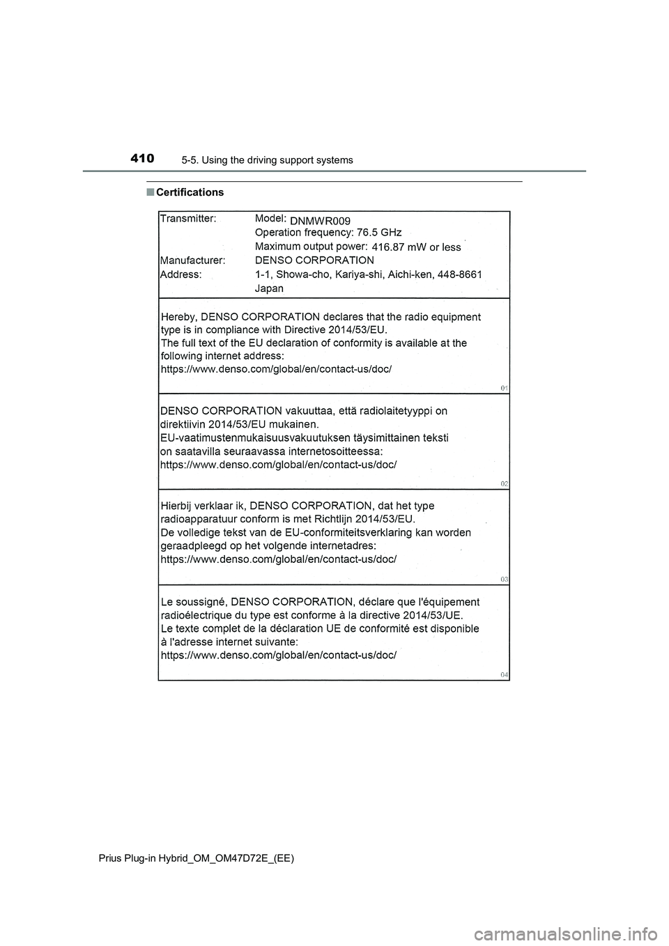 TOYOTA PRIUS PLUG-IN HYBRID 2021  Owners Manual 4105-5. Using the driving support systems
Prius Plug-in Hybrid_OM_OM47D72E_(EE)
■Certifications 
