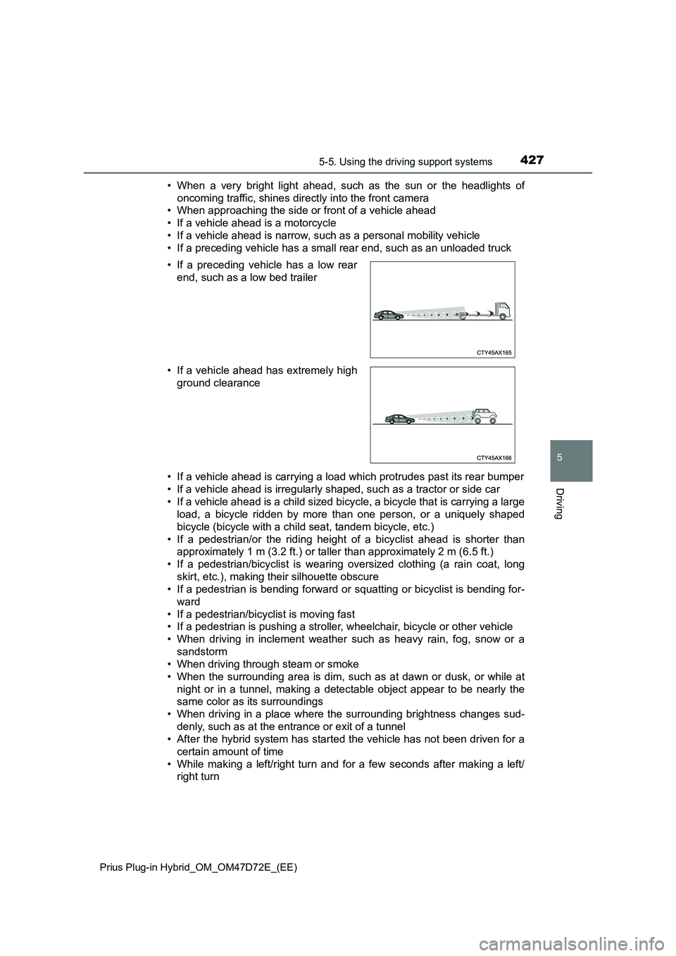TOYOTA PRIUS PLUG-IN HYBRID 2021  Owners Manual 4275-5. Using the driving support systems
Prius Plug-in Hybrid_OM_OM47D72E_(EE)
5
Driving
• When a very bright light ahead, such as the sun or the headlights of
oncoming traffic, shines directly int