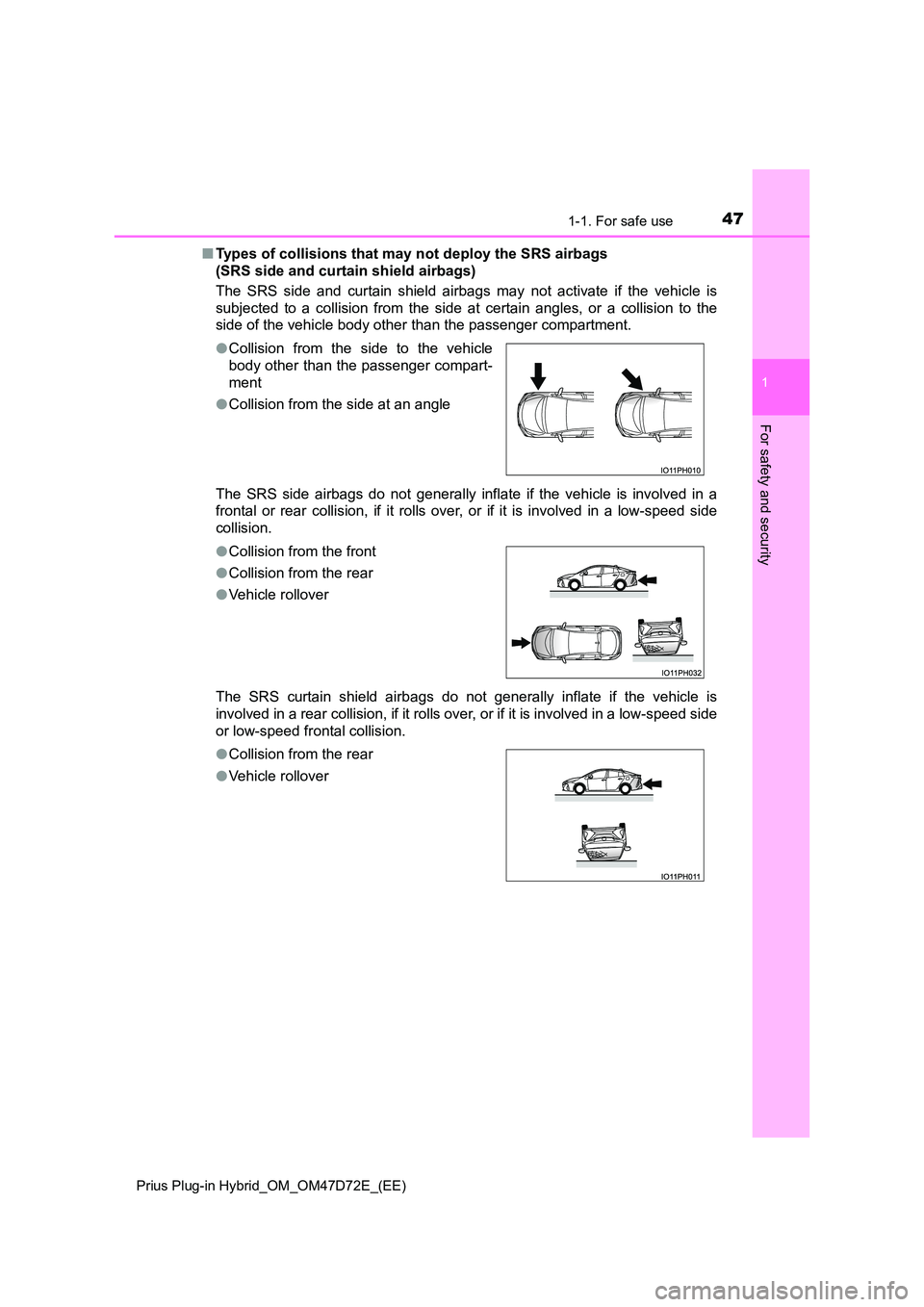 TOYOTA PRIUS PLUG-IN HYBRID 2021 Owners Manual 471-1. For safe use
1
Prius Plug-in Hybrid_OM_OM47D72E_(EE)
For safety and security
■Types of collisions that may not deploy the SRS airbags
(SRS side and curtain shield airbags)
The SRS side and TOYOTA PRIUS PLUG-IN HYBRID 2021 Owners Manual 471-1. For safe use
1
Prius Plug-in Hybrid_OM_OM47D72E_(EE)
For safety and security
■Types of collisions that may not deploy the SRS airbags
(SRS side and curtain shield airbags)
The SRS side and