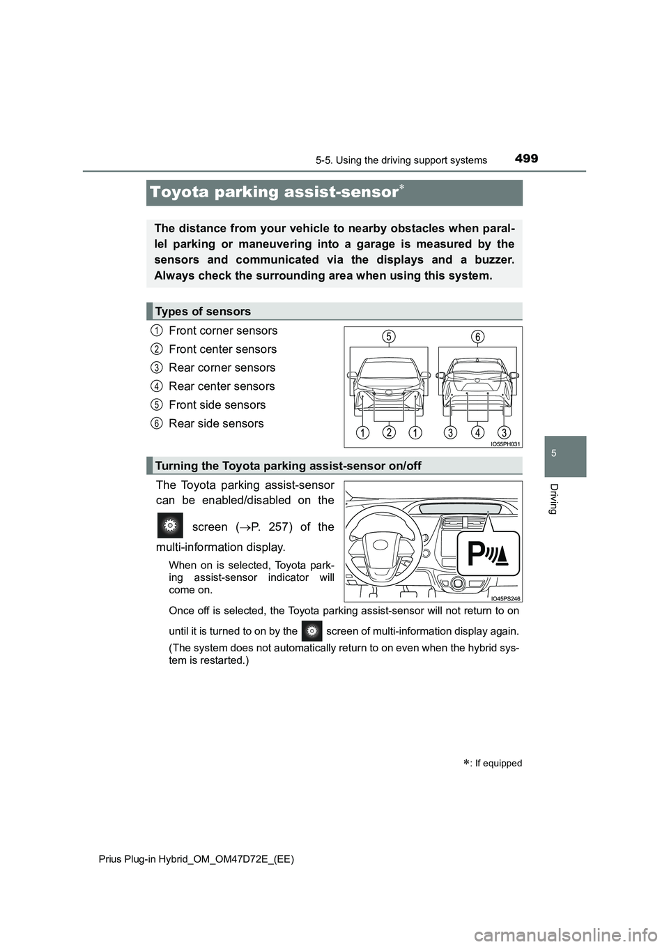 TOYOTA PRIUS PLUG-IN HYBRID 2021 Owners Manual 4995-5. Using the driving support systems
Prius Plug-in Hybrid_OM_OM47D72E_(EE)
5
Driving
Toyota parking assist-sensor
Front corner sensors
Front center sensors
Rear corner sensors
Rear center TOYOTA PRIUS PLUG-IN HYBRID 2021 Owners Manual 4995-5. Using the driving support systems
Prius Plug-in Hybrid_OM_OM47D72E_(EE)
5
Driving
Toyota parking assist-sensor
Front corner sensors
Front center sensors
Rear corner sensors
Rear center