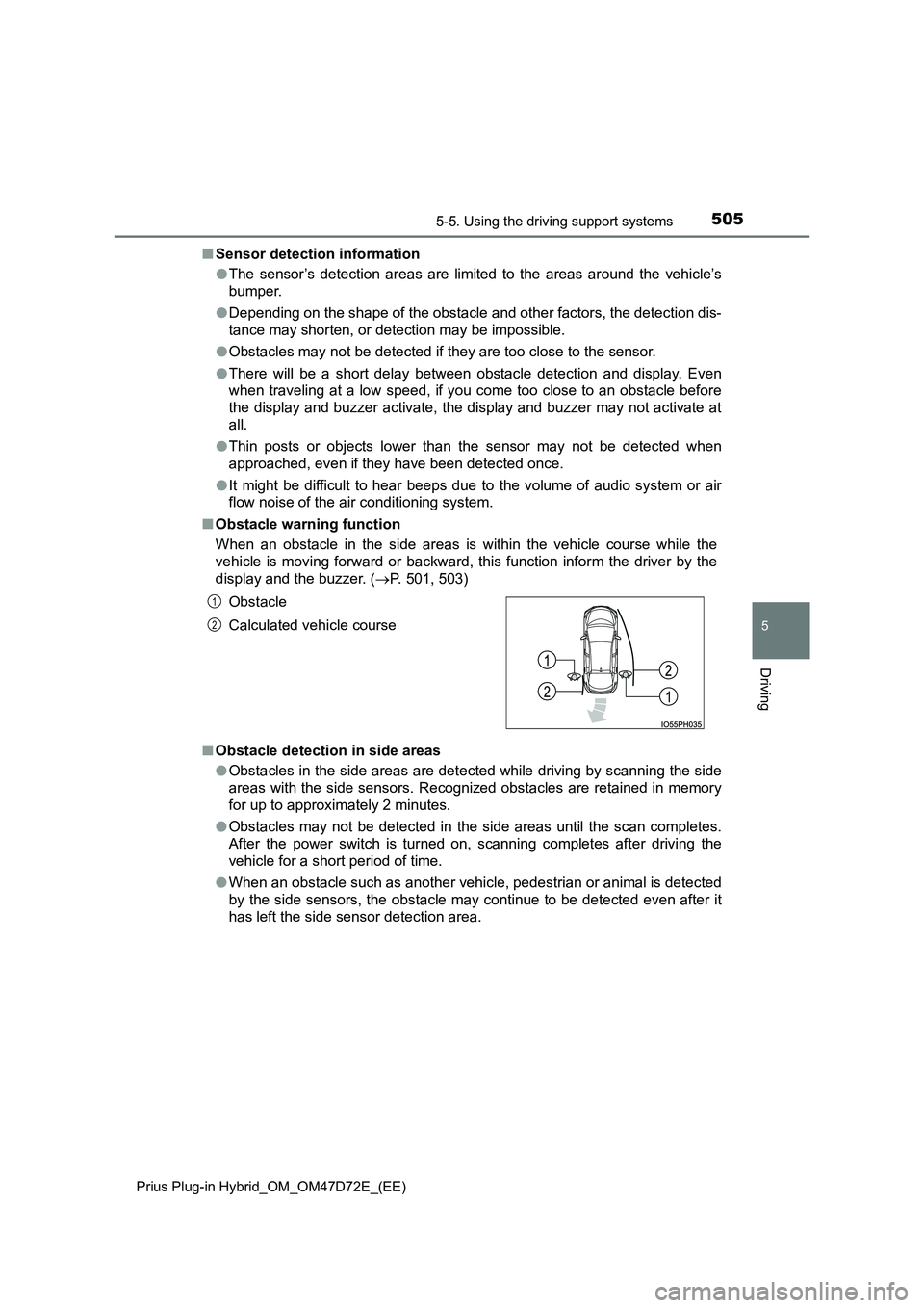 TOYOTA PRIUS PLUG-IN HYBRID 2021  Owners Manual 5055-5. Using the driving support systems 
Prius Plug-in Hybrid_OM_OM47D72E_(EE)
5
Driving
■ Sensor detection information 
● The sensor’s detection areas are limited to the areas around the vehi
