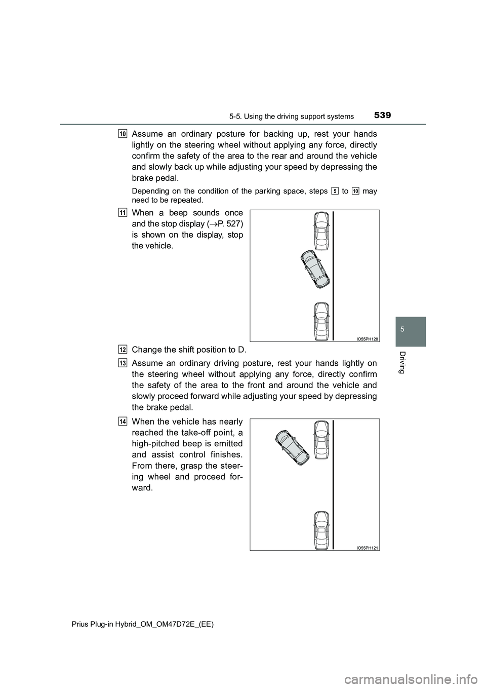 TOYOTA PRIUS PLUG-IN HYBRID 2021  Owners Manual 5395-5. Using the driving support systems 
Prius Plug-in Hybrid_OM_OM47D72E_(EE)
5
Driving
Assume an ordinary posture for backing up, rest your hands 
lightly on the steering wheel without applying an