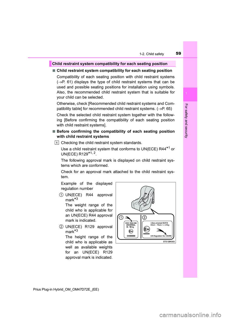 TOYOTA PRIUS PLUG-IN HYBRID 2021  Owners Manual 591-2. Child safety
1
Prius Plug-in Hybrid_OM_OM47D72E_(EE)
For safety and security
■Child restraint system compatibility for each seating position 
Compatibility of each seating position with child