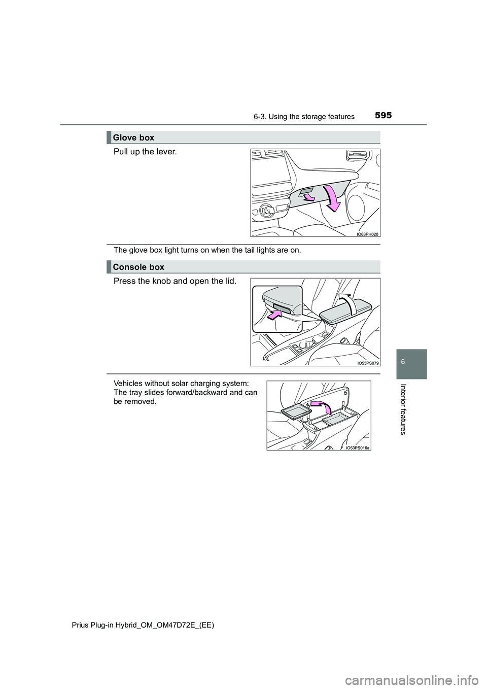 TOYOTA PRIUS PLUG-IN HYBRID 2021  Owners Manual 5956-3. Using the storage features
Prius Plug-in Hybrid_OM_OM47D72E_(EE)
6
Interior features
Pull up the lever.
The glove box light turns on when the tail lights are on.
Press the knob and open the li