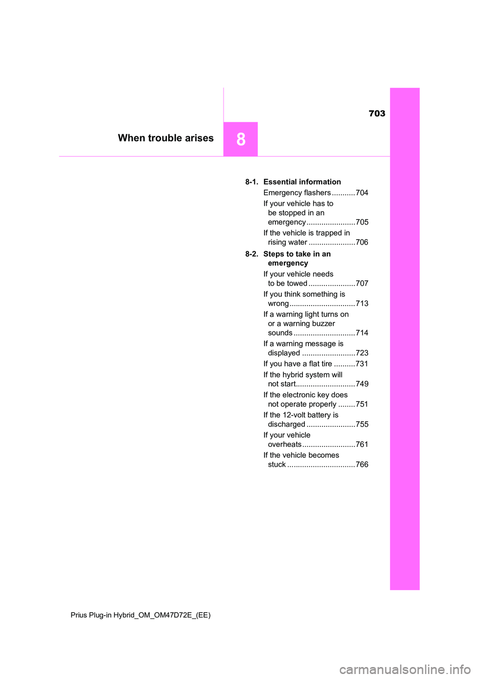 TOYOTA PRIUS PLUG-IN HYBRID 2021  Owners Manual 703
8When trouble arises
Prius Plug-in Hybrid_OM_OM47D72E_(EE)
8-1. Essential information 
Emergency flashers ........... 704 
If your vehicle has to  
be stopped in an  
emergency ...................