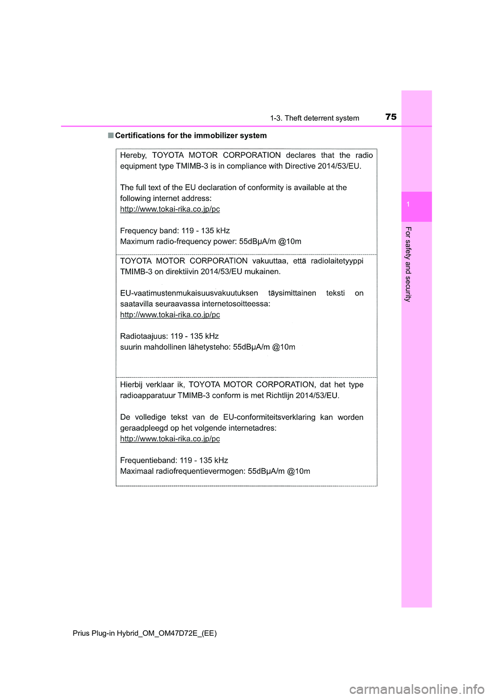 TOYOTA PRIUS PLUG-IN HYBRID 2021  Owners Manual 751-3. Theft deterrent system
1
Prius Plug-in Hybrid_OM_OM47D72E_(EE)
For safety and security
■Certifications for the immobilizer system  