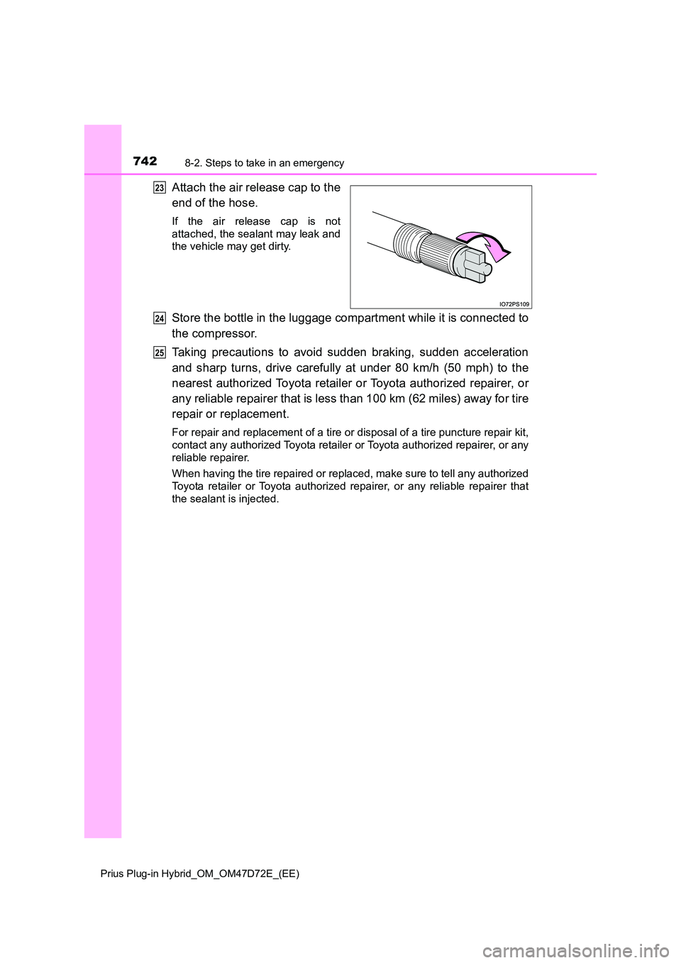 TOYOTA PRIUS PLUG-IN HYBRID 2021  Owners Manual 7428-2. Steps to take in an emergency
Prius Plug-in Hybrid_OM_OM47D72E_(EE)
Attach the air release cap to the 
end of the hose.
If the air release cap is not 
attached, the sealant may leak and 
the v