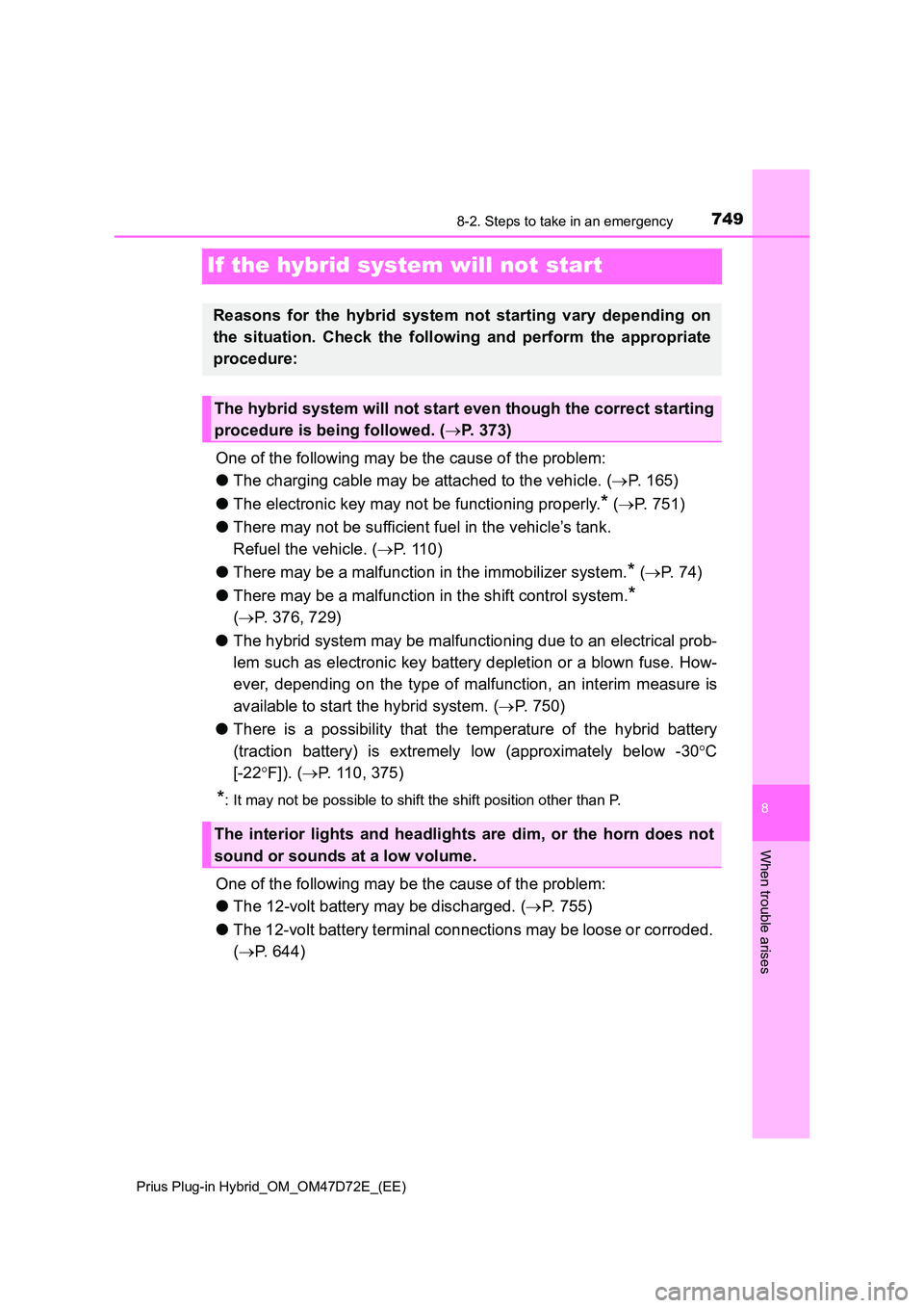 TOYOTA PRIUS PLUG-IN HYBRID 2021  Owners Manual 7498-2. Steps to take in an emergency 
Prius Plug-in Hybrid_OM_OM47D72E_(EE)
8
When trouble arises
If the hybrid system will not start
One of the following may be the cause of the problem: 
● The ch