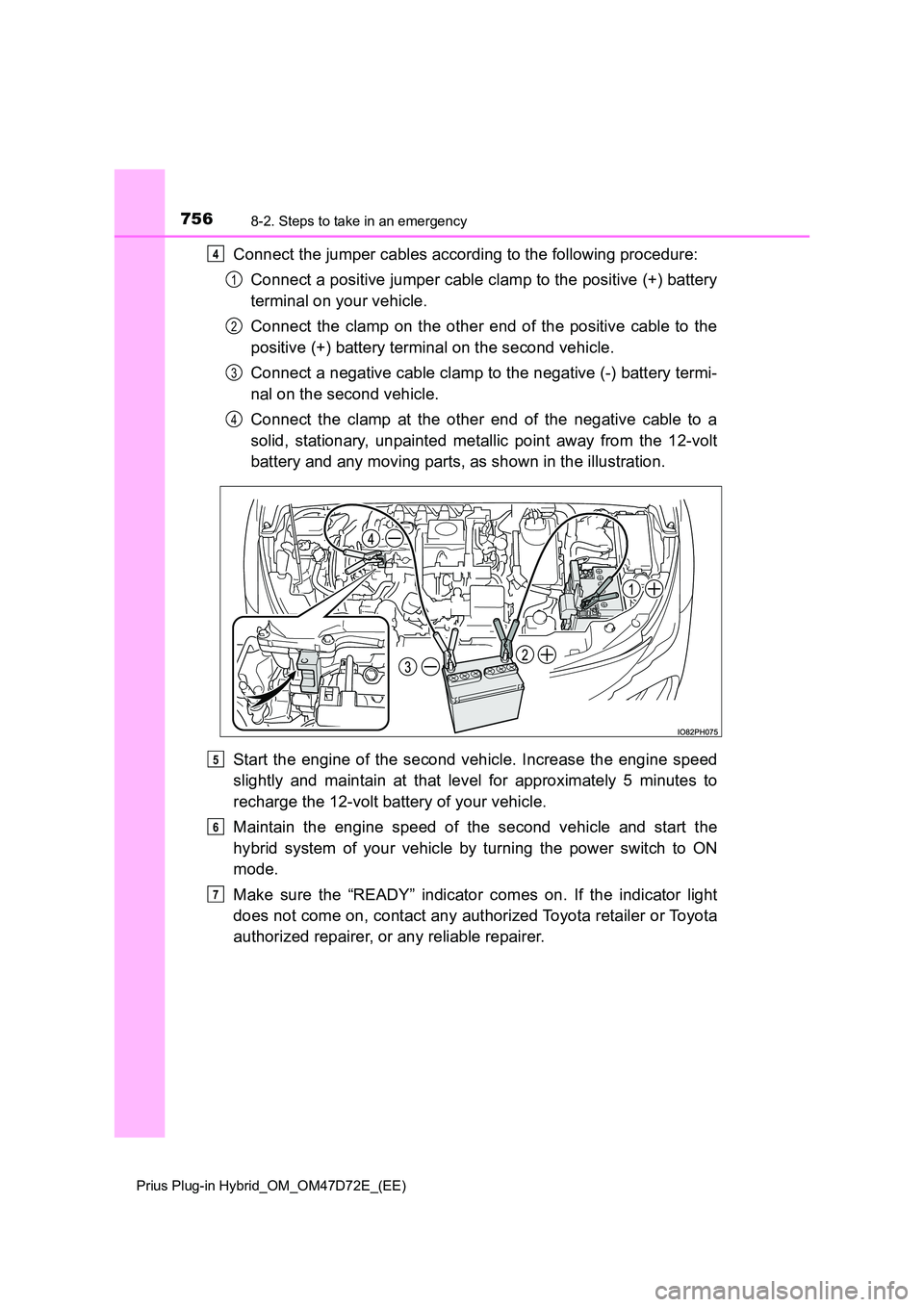 TOYOTA PRIUS PLUG-IN HYBRID 2021  Owners Manual 7568-2. Steps to take in an emergency
Prius Plug-in Hybrid_OM_OM47D72E_(EE)
Connect the jumper cables according to the following procedure: 
Connect a positive jumper cable clamp to the positive (+) b