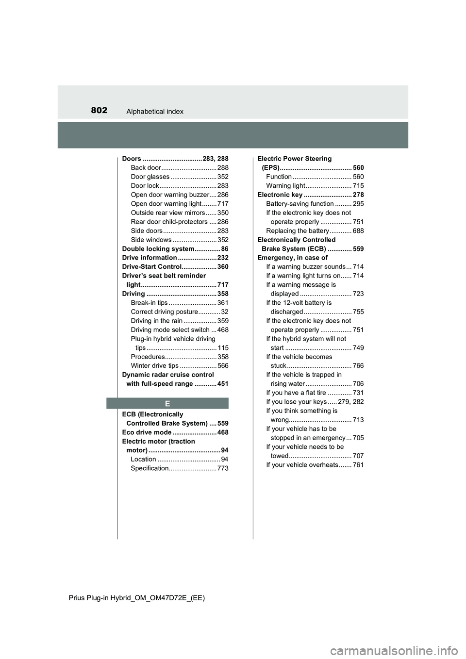 TOYOTA PRIUS PLUG-IN HYBRID 2021  Owners Manual 802Alphabetical index
Prius Plug-in Hybrid_OM_OM47D72E_(EE)
Doors ................................ 283, 288
Back door .............................. 288
Door glasses ......................... 352
Door