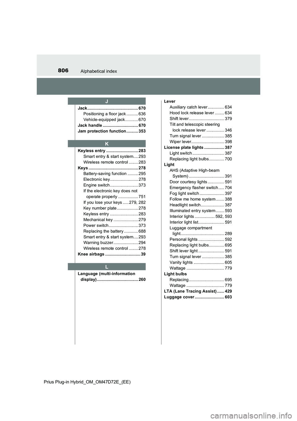 TOYOTA PRIUS PLUG-IN HYBRID 2021  Owners Manual 806Alphabetical index
Prius Plug-in Hybrid_OM_OM47D72E_(EE)
Jack ........................................... 670
Positioning a floor jack .......... 636
Vehicle-equipped jack ........... 670
Jack hand