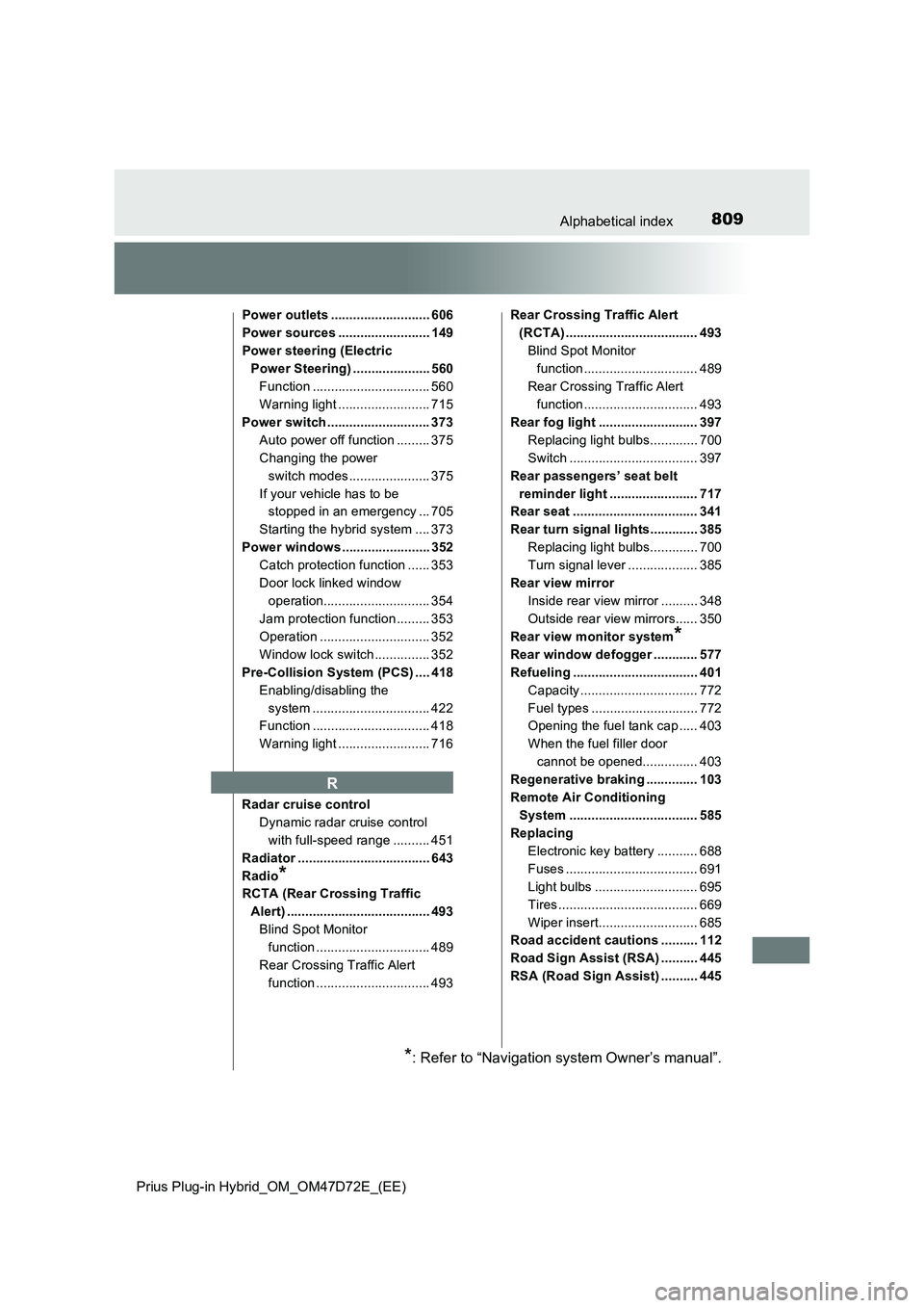 TOYOTA PRIUS PLUG-IN HYBRID 2021  Owners Manual 809Alphabetical index
Prius Plug-in Hybrid_OM_OM47D72E_(EE)
Power outlets ........................... 606
Power sources ......................... 149
Power steering (Electric 
Power Steering) ........