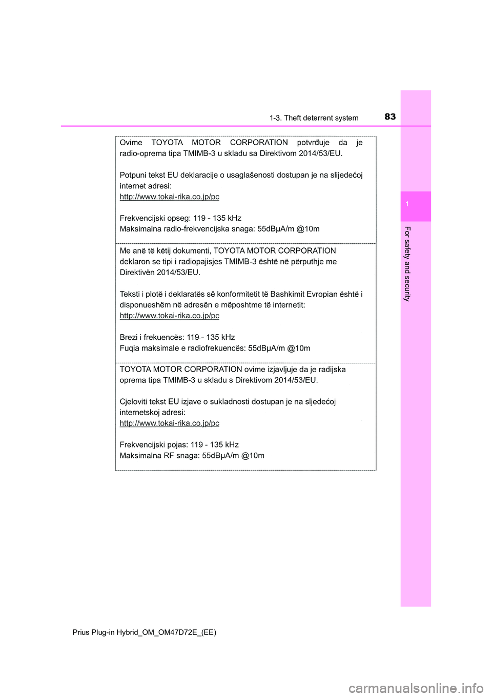TOYOTA PRIUS PLUG-IN HYBRID 2021  Owners Manual 831-3. Theft deterrent system
1
Prius Plug-in Hybrid_OM_OM47D72E_(EE)
For safety and security 