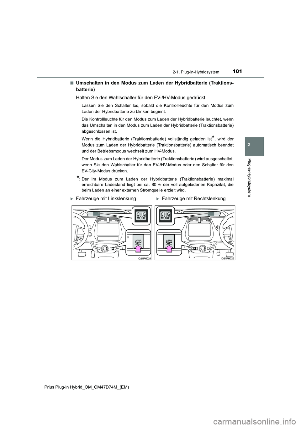 TOYOTA PRIUS PLUG-IN HYBRID 2021  Betriebsanleitungen (in German) 1012-1. Plug-in-Hybridsystem
2
Plug-in-Hybridsystem
Prius Plug-in Hybrid_OM_OM47D74M_(EM)■
Umschalten in den Modus zum Laden der Hybridbatterie (Traktions-
batterie)
Halten Sie den Wahlschalter für