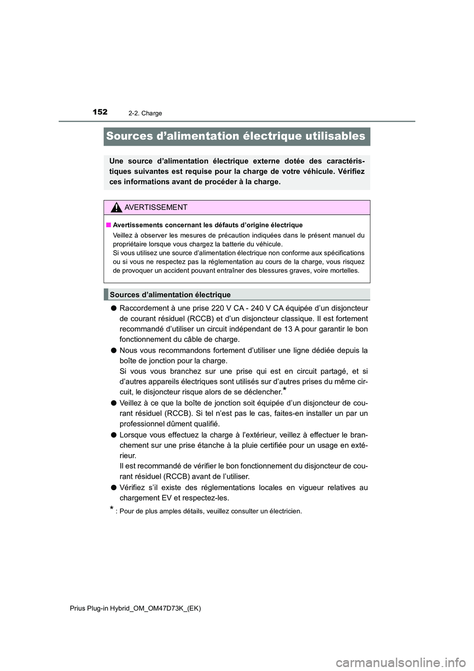 TOYOTA PRIUS PLUG-IN HYBRID 2021 Manuel du propriétaire (in French) 1522-2. Charge
Prius Plug-in Hybrid_OM_OM47D73K_(EK)
Sources d’alimentation électrique utilisables
●Raccordement à une prise 220 V CA - 240 V CA équipée d’un disjoncteur
de courant résidue TOYOTA PRIUS PLUG-IN HYBRID 2021 Manuel du propriétaire (in French) 1522-2. Charge
Prius Plug-in Hybrid_OM_OM47D73K_(EK)
Sources d’alimentation électrique utilisables
●Raccordement à une prise 220 V CA - 240 V CA équipée d’un disjoncteur
de courant résidue