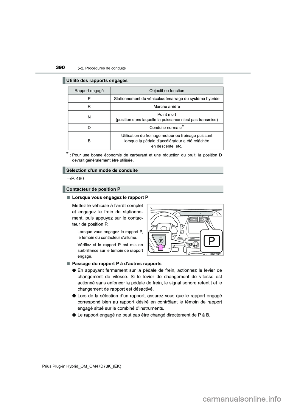 TOYOTA PRIUS PLUG-IN HYBRID 2021 Manuel du propriétaire (in French) 3905-2. Procédures de conduite
Prius Plug-in Hybrid_OM_OM47D73K_(EK)
* : Pour une bonne économie de carburant et une réduction du bruit, la position D
devrait généralement être utilisée.
P. TOYOTA PRIUS PLUG-IN HYBRID 2021 Manuel du propriétaire (in French) 3905-2. Procédures de conduite
Prius Plug-in Hybrid_OM_OM47D73K_(EK)
* : Pour une bonne économie de carburant et une réduction du bruit, la position D
devrait généralement être utilisée.
P.