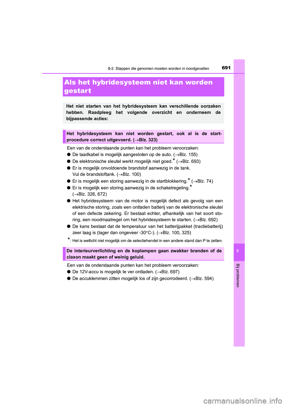 TOYOTA PRIUS PLUG-IN HYBRID 2021 Instructieboekje (in Dutch) 6918-2. Stappen die genomen moeten worden in noodgevallen
Prius Plug-in Hybrid_OM_OM47E75E_(EE)
8
Bij problemen
Als het hybridesysteem niet kan worden
gestar t
Een van de onderstaande punten kan het TOYOTA PRIUS PLUG-IN HYBRID 2021 Instructieboekje (in Dutch) 6918-2. Stappen die genomen moeten worden in noodgevallen
Prius Plug-in Hybrid_OM_OM47E75E_(EE)
8
Bij problemen
Als het hybridesysteem niet kan worden
gestar t
Een van de onderstaande punten kan het
