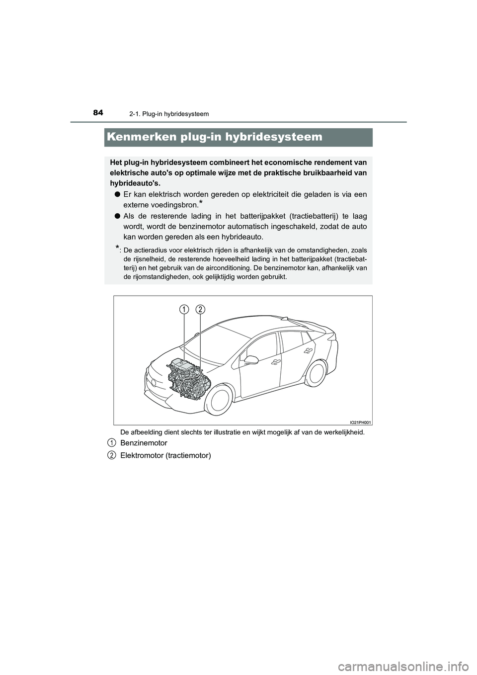 TOYOTA PRIUS PLUG-IN HYBRID 2021  Instructieboekje (in Dutch) 842-1. Plug-in hybridesysteem
Prius Plug-in Hybrid_OM_OM47E75E_(EE)
Kenmerken plug-in hybridesysteem
De afbeelding dient slechts ter illustratie en wijkt mogelijk af van de werkelijkheid.
Benzinemotor