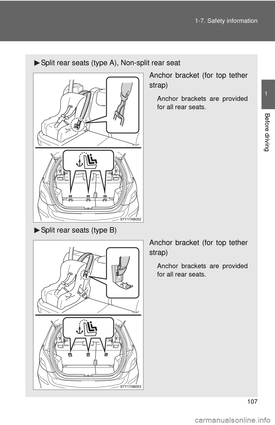 TOYOTA YARIS 2010 3.G Owners Manual 107 1-7. Safety information
1
Before driving
Split rear seats (type A), Non-split rear seat
Anchor bracket (for top tether
strap)
Anchor brackets are provided
for all rear seats.
Split rear seats (typ