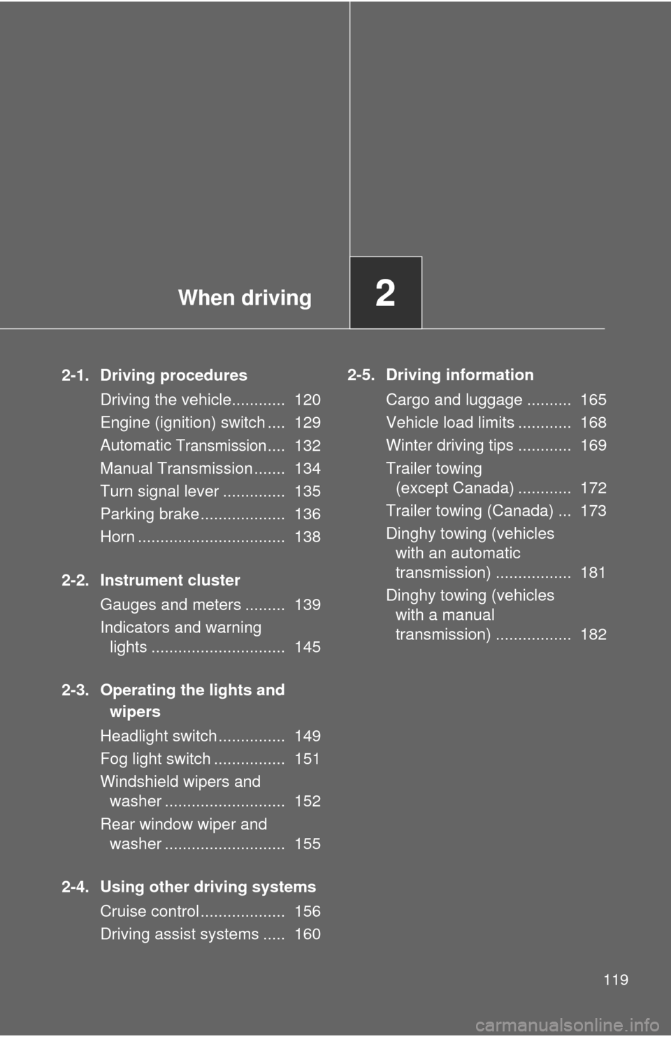 TOYOTA YARIS 2010 3.G Owners Manual When driving2
119
2-1. Driving procedures
Driving the vehicle............ 120
Engine (ignition) switch .... 129
Automatic
Transmission.... 132
Manual Transmission ....... 134
Turn signal lever .. TOYOTA YARIS 2010 3.G Owners Manual When driving2
119
2-1. Driving procedures
Driving the vehicle............ 120
Engine (ignition) switch .... 129
Automatic
Transmission.... 132
Manual Transmission ....... 134
Turn signal lever ..