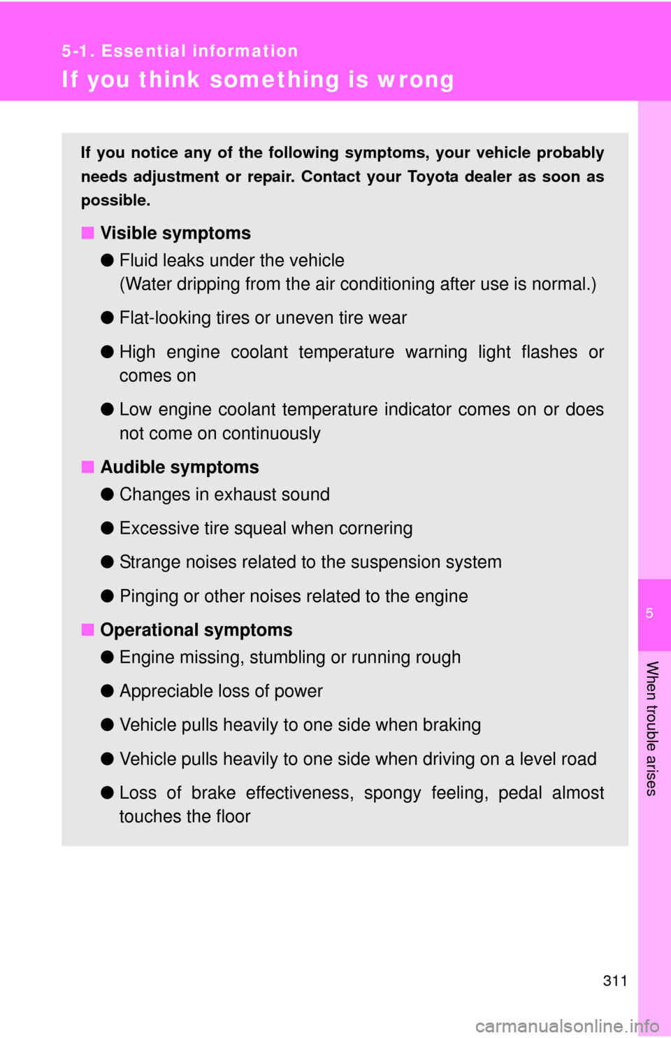 TOYOTA YARIS 2010 3.G Owners Manual 5
When trouble arises
311
5-1. Essential information
If you think something is wrong
If you notice any of the following symptoms, your vehicle probably
needs adjustment or repair. Contact your Toyota TOYOTA YARIS 2010 3.G Owners Manual 5
When trouble arises
311
5-1. Essential information
If you think something is wrong
If you notice any of the following symptoms, your vehicle probably
needs adjustment or repair. Contact your Toyota