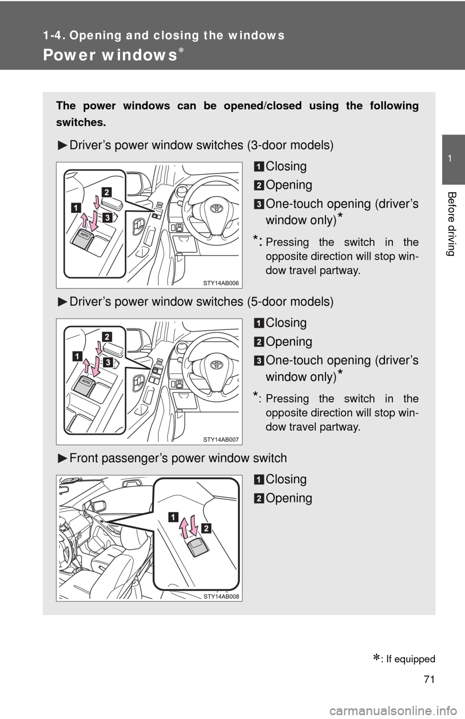 TOYOTA YARIS 2010 3.G Owners Manual 71
1
Before driving
1-4. Opening and closing the windows
Power windows
: If equipped
The power windows can be opened/closed using the following
switches.
Driver’s power window switches (3-door
