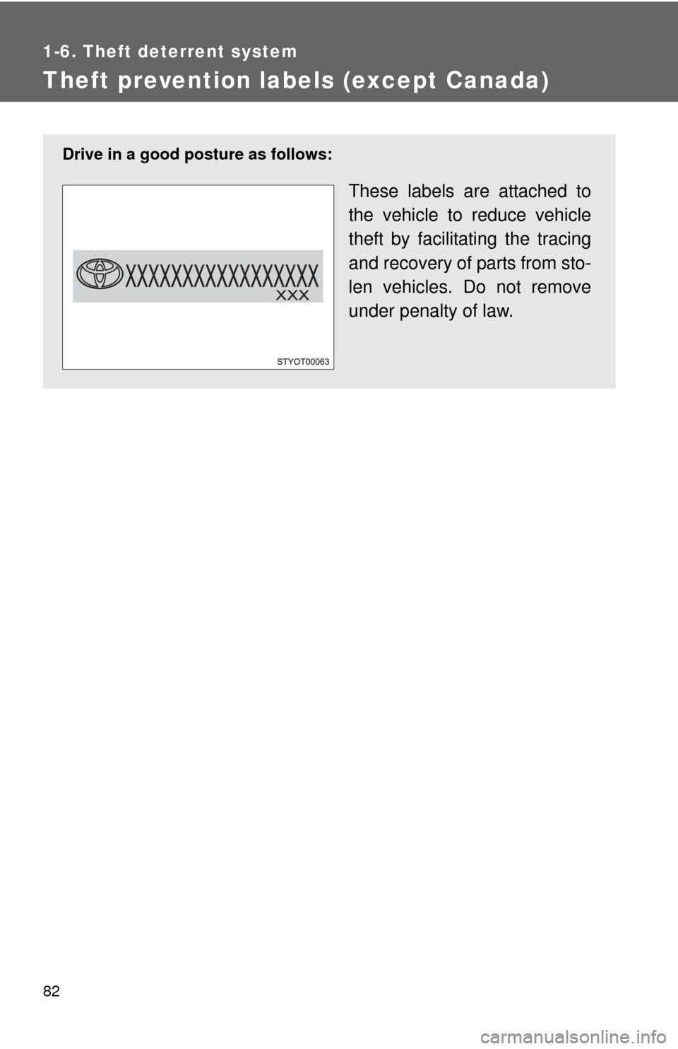 TOYOTA YARIS 2010 3.G Owners Manual 82
1-6. Theft deterrent system
Theft prevention labels (except Canada)
Drive in a good posture as follows:
These labels are attached to
the vehicle to reduce vehicle
theft by facilitating the tracing
