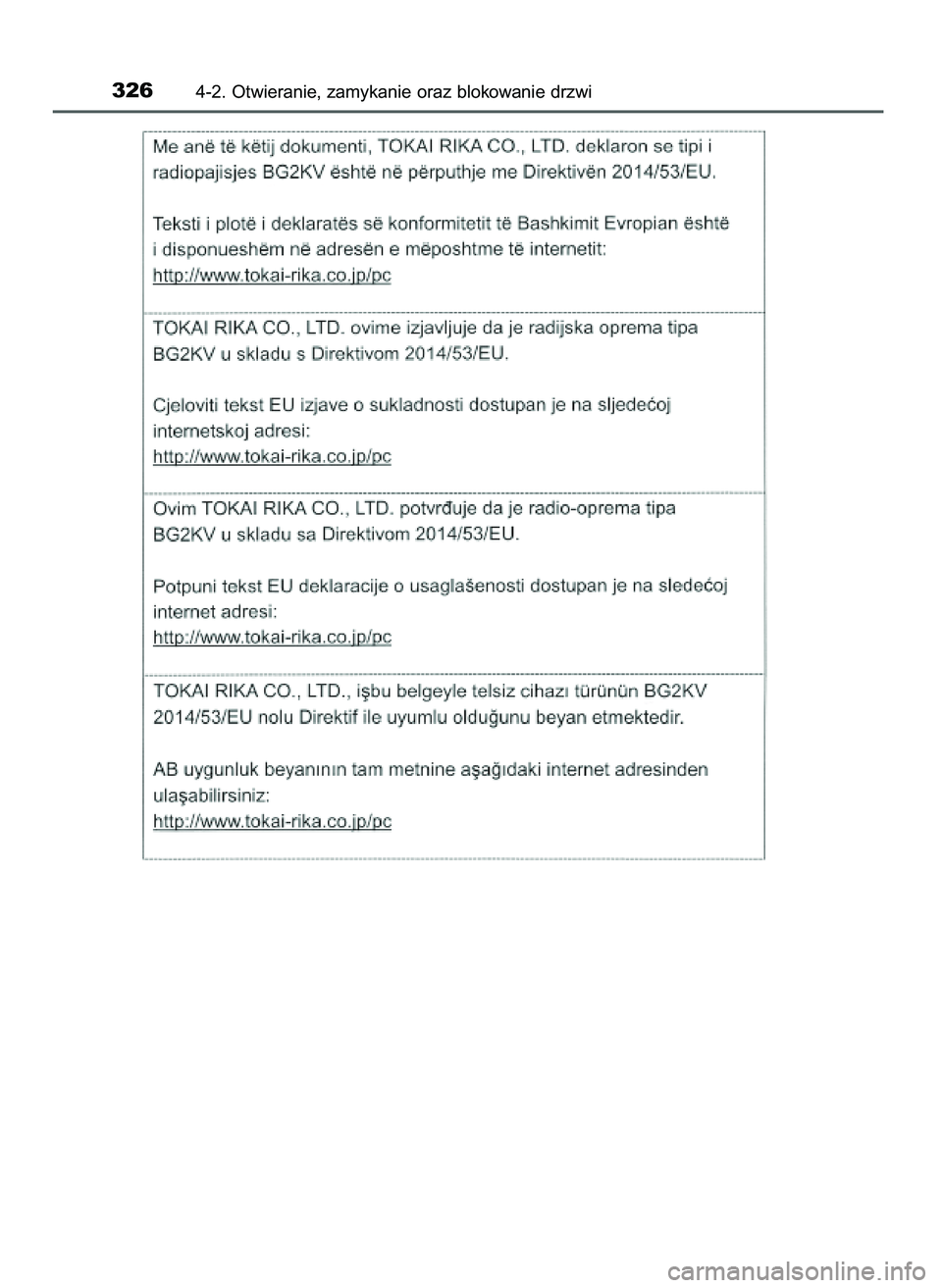 TOYOTA PRIUS PLUG-IN HYBRID 2021  Instrukcja obsługi (in Polish) 3264-2. Otwieranie, zamykanie oraz blokowanie drzwi
36 Prius Plug_in HV OM47D72E  18/8/20  13:46  Page 326 