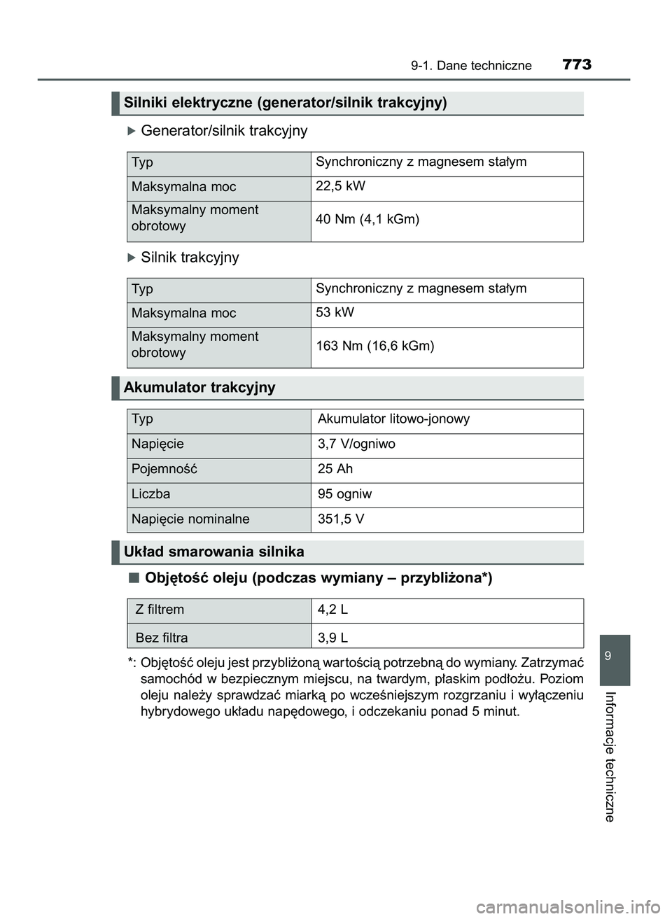 TOYOTA PRIUS PLUG-IN HYBRID 2021  Instrukcja obsługi (in Polish) óGenerator/silnik trakcyjny
óSilnik trakcyjny
Obj´toÊç oleju (podczas wymiany – przybli˝ona*)
*: Obj´toÊç oleju jest przybli˝onà war toÊcià potrzebnà do wymiany. Zatrzymaç
samochód  