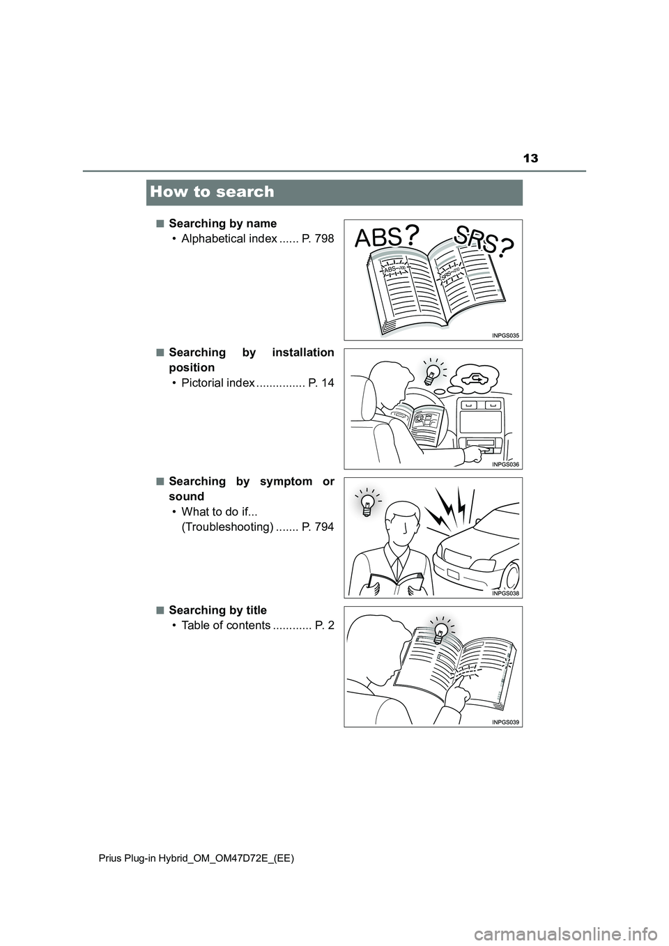 TOYOTA PRIUS PLUG-IN HYBRID 2020  Owners Manual 13
Prius Plug-in Hybrid_OM_OM47D72E_(EE)
How to search
■Searching by name
• Alphabetical index ...... P. 798
■Searching by installation
position
• Pictorial index ............... P. 14
■Sear