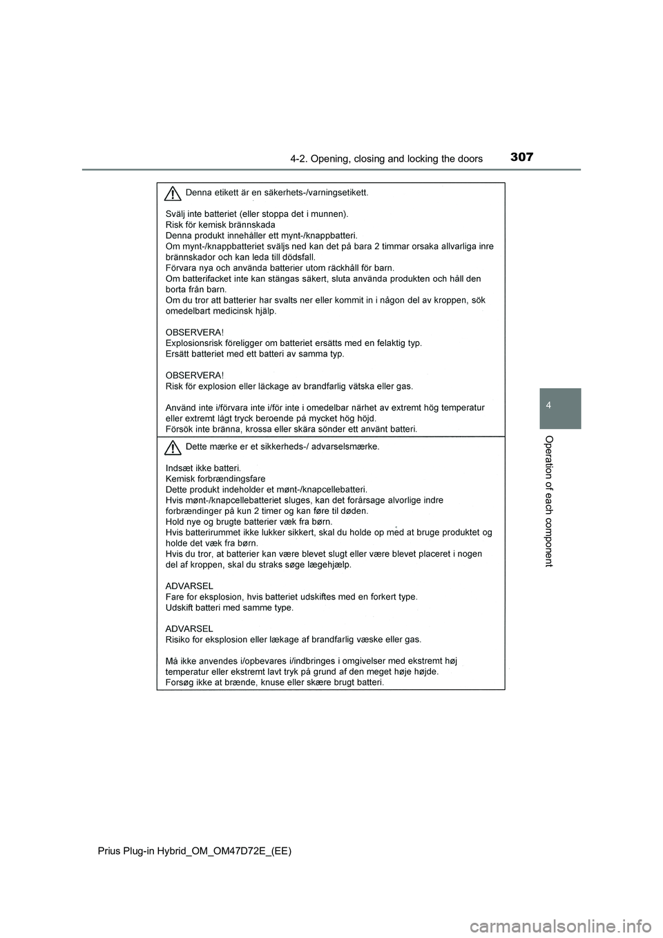 TOYOTA PRIUS PLUG-IN HYBRID 2020  Owners Manual 3074-2. Opening, closing and locking the doors
Prius Plug-in Hybrid_OM_OM47D72E_(EE)
4
Operation of each component 
