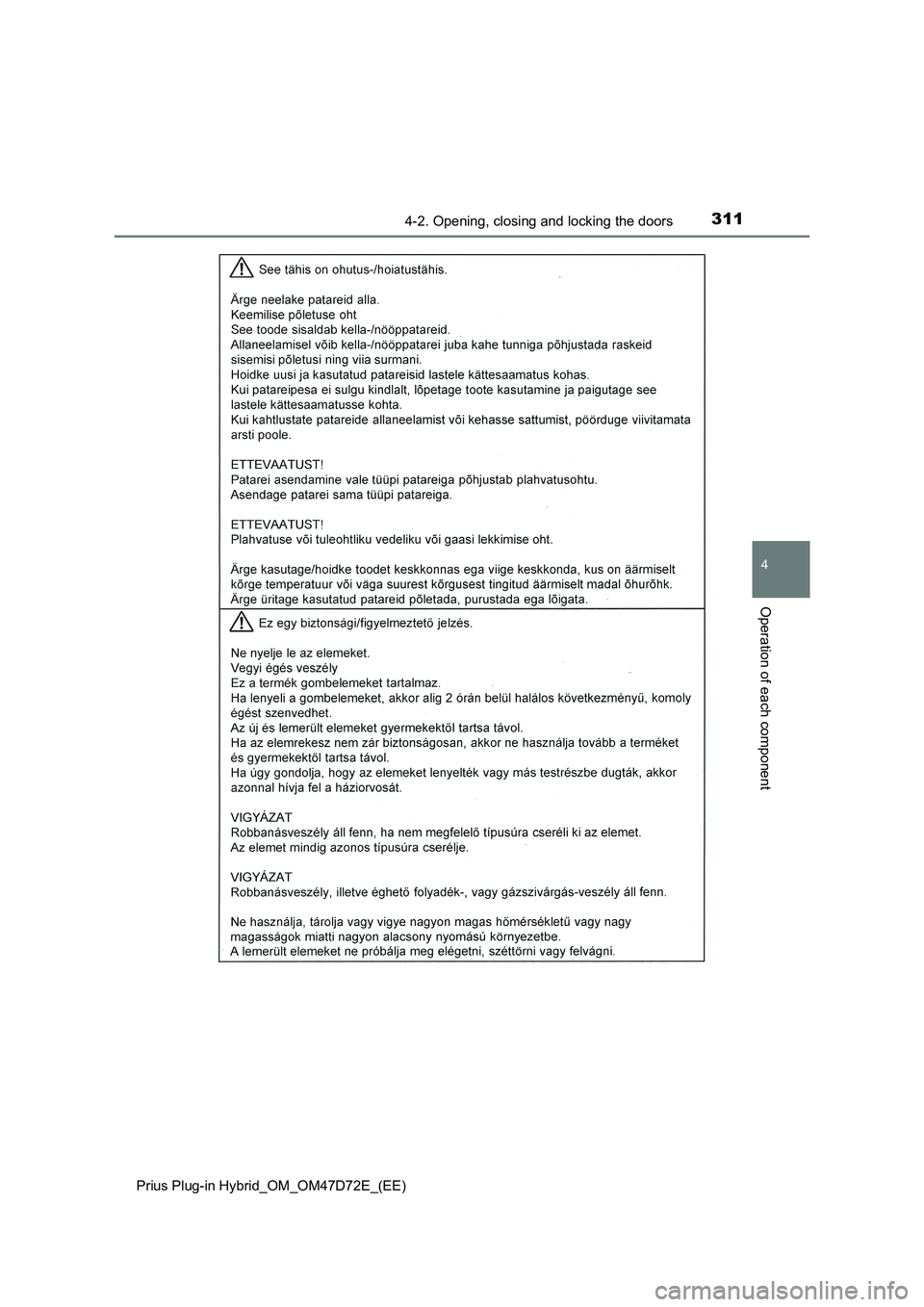 TOYOTA PRIUS PLUG-IN HYBRID 2020  Owners Manual 3114-2. Opening, closing and locking the doors
Prius Plug-in Hybrid_OM_OM47D72E_(EE)
4
Operation of each component 