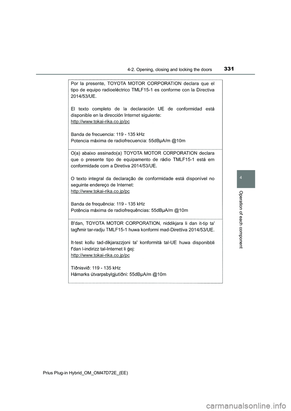 TOYOTA PRIUS PLUG-IN HYBRID 2020  Owners Manual 3314-2. Opening, closing and locking the doors
Prius Plug-in Hybrid_OM_OM47D72E_(EE)
4
Operation of each component 