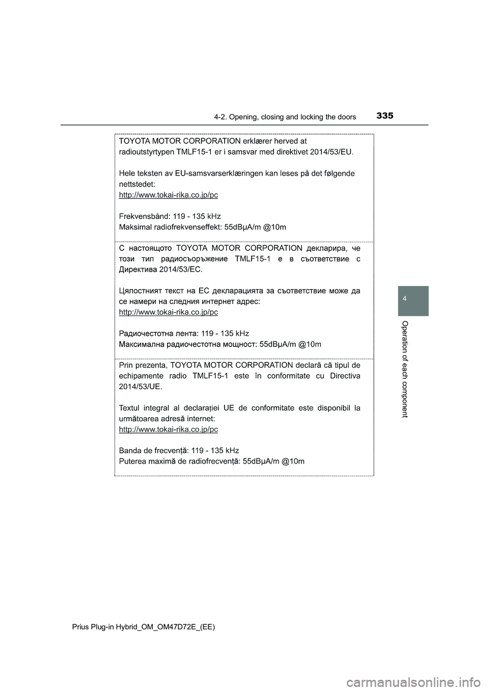 TOYOTA PRIUS PLUG-IN HYBRID 2020  Owners Manual 3354-2. Opening, closing and locking the doors
Prius Plug-in Hybrid_OM_OM47D72E_(EE)
4
Operation of each component 
