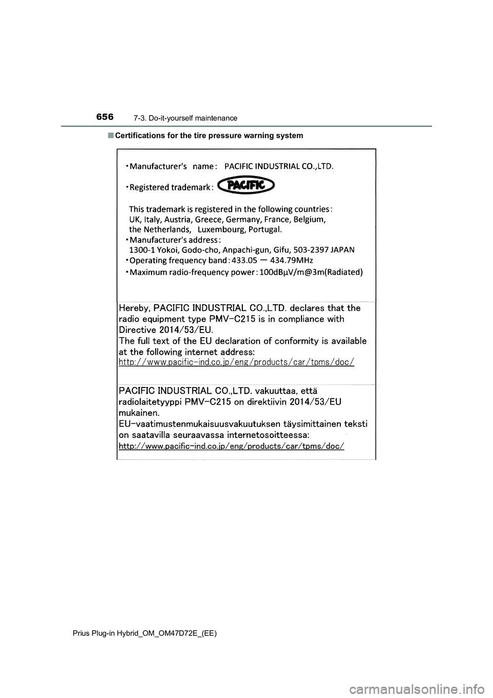TOYOTA PRIUS PLUG-IN HYBRID 2020  Owners Manual 6567-3. Do-it-yourself maintenance
Prius Plug-in Hybrid_OM_OM47D72E_(EE)
■Certifications for the tire pressure warning system 