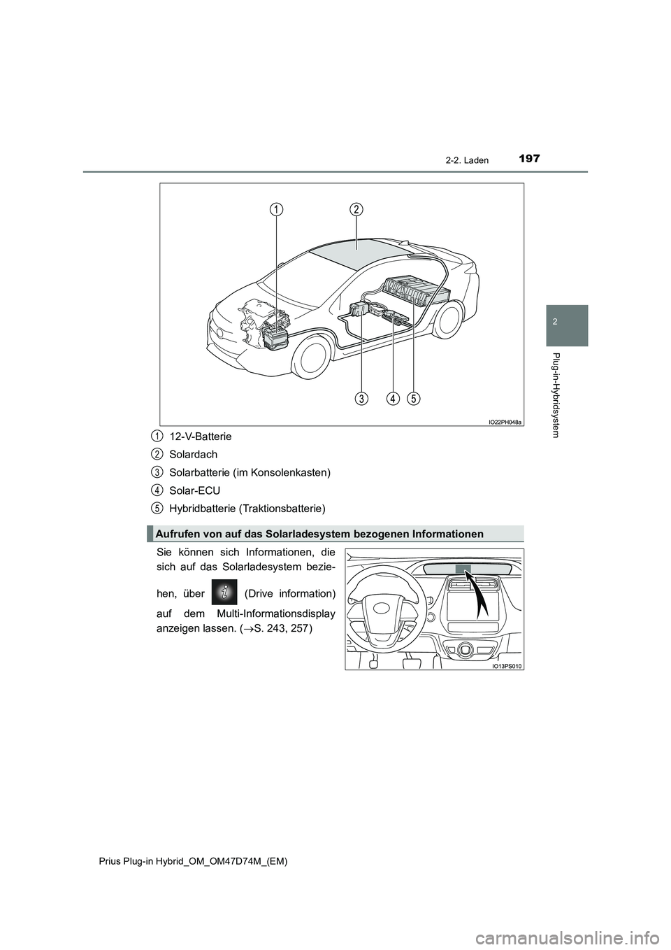 TOYOTA PRIUS PLUG-IN HYBRID 2020  Betriebsanleitungen (in German) 1972-2. Laden
2
Plug-in-Hybridsystem
Prius Plug-in Hybrid_OM_OM47D74M_(EM)
12-V-Batterie
Solardach
Solarbatterie (im Konsolenkasten)
Solar-ECU
Hybridbatterie (Traktionsbatterie)
Sie können sich Infor