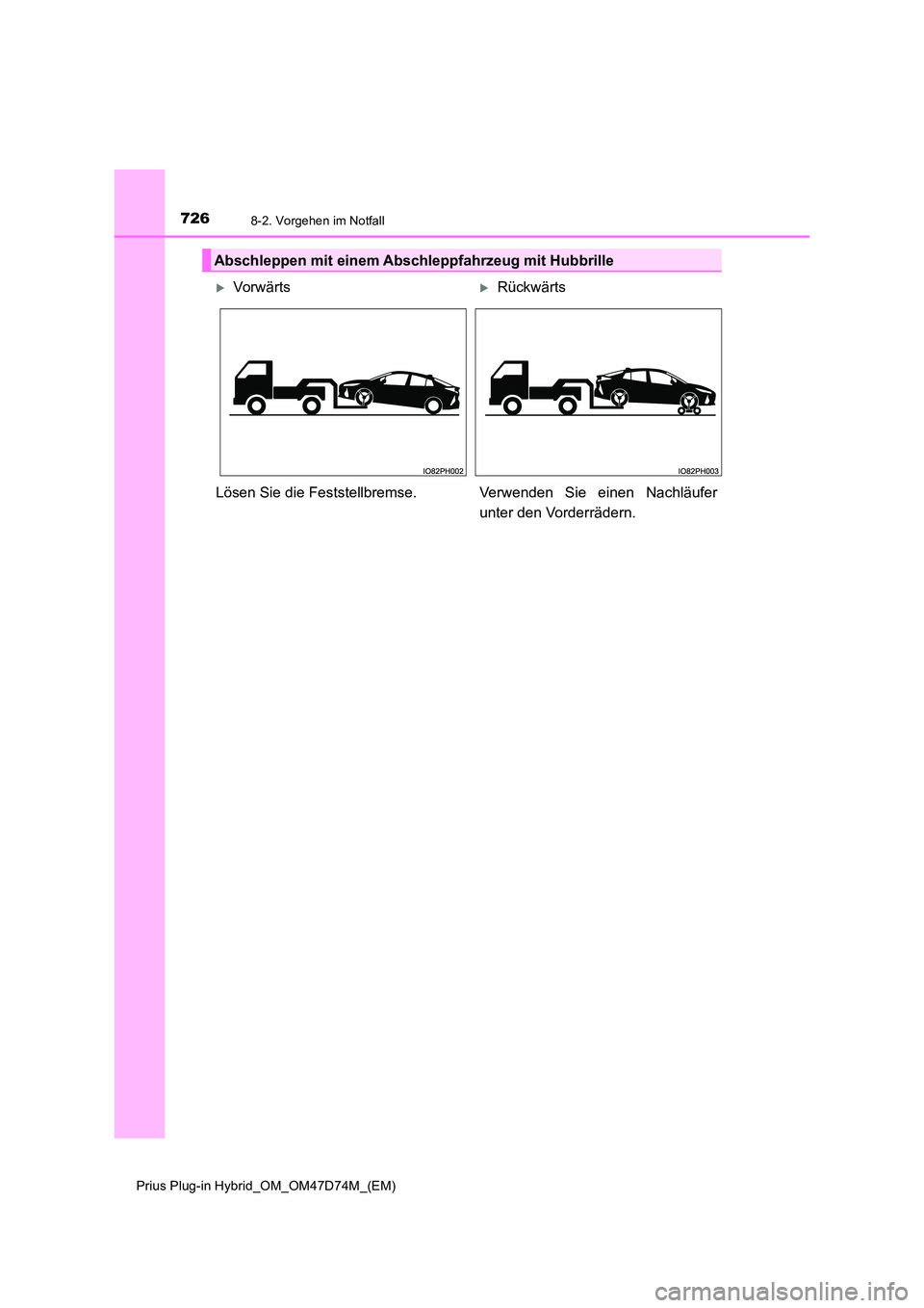 TOYOTA PRIUS PLUG-IN HYBRID 2020  Betriebsanleitungen (in German) 7268-2. Vorgehen im Notfall
Prius Plug-in Hybrid_OM_OM47D74M_(EM)
Abschleppen mit einem Abschleppfahrzeug mit Hubbrille
Vorwär tsRückwärts 
Lösen Sie die Feststellbremse. Verwenden  Sie  ein