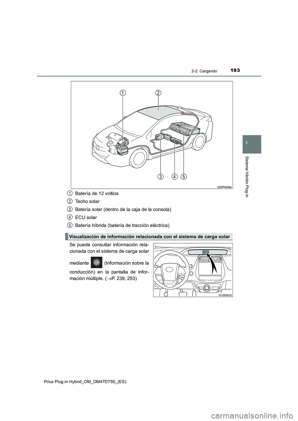 TOYOTA PRIUS PLUG-IN HYBRID 2020  Manual del propietario (in Spanish) 1932-2. Cargando
2
Sistema híbrido Plug-in
Prius Plug-in Hybrid_OM_OM47D75S_(ES)
Batería de 12 voltios
Techo solar
Batería solar (dentro de la caja de la consola)
ECU solar
Batería híbrida (bater