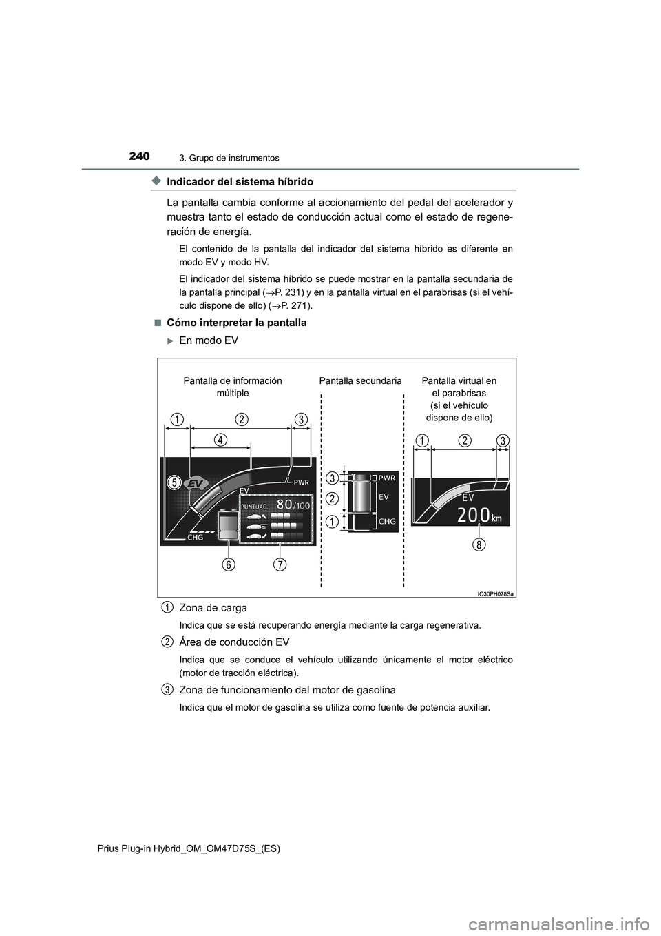 TOYOTA PRIUS PLUG-IN HYBRID 2020 Manual del propietario (in Spanish) 2403. Grupo de instrumentos
Prius Plug-in Hybrid_OM_OM47D75S_(ES)
◆Indicador del sistema híbrido
La pantalla cambia conforme al accionamiento del pedal del acelerador y
muestra tanto el estado de c TOYOTA PRIUS PLUG-IN HYBRID 2020 Manual del propietario (in Spanish) 2403. Grupo de instrumentos
Prius Plug-in Hybrid_OM_OM47D75S_(ES)
◆Indicador del sistema híbrido
La pantalla cambia conforme al accionamiento del pedal del acelerador y
muestra tanto el estado de c