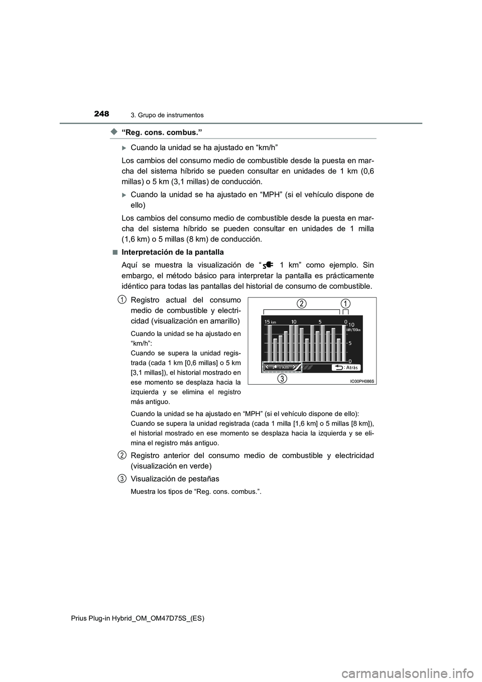 TOYOTA PRIUS PLUG-IN HYBRID 2020 Manual del propietario (in Spanish) 2483. Grupo de instrumentos
Prius Plug-in Hybrid_OM_OM47D75S_(ES)
◆“Reg. cons. combus.”
Cuando la unidad se ha ajustado en “km/h”
Los cambios del consumo medio de combustible desde la pue TOYOTA PRIUS PLUG-IN HYBRID 2020 Manual del propietario (in Spanish) 2483. Grupo de instrumentos
Prius Plug-in Hybrid_OM_OM47D75S_(ES)
◆“Reg. cons. combus.”
Cuando la unidad se ha ajustado en “km/h”
Los cambios del consumo medio de combustible desde la pue